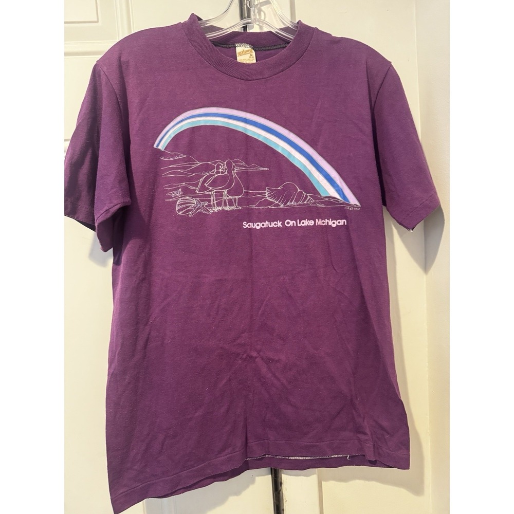 Vintage Sportswear Saugatuck Lake Michigan Seagulls Purple Shirt M Mens‎ Rainbow